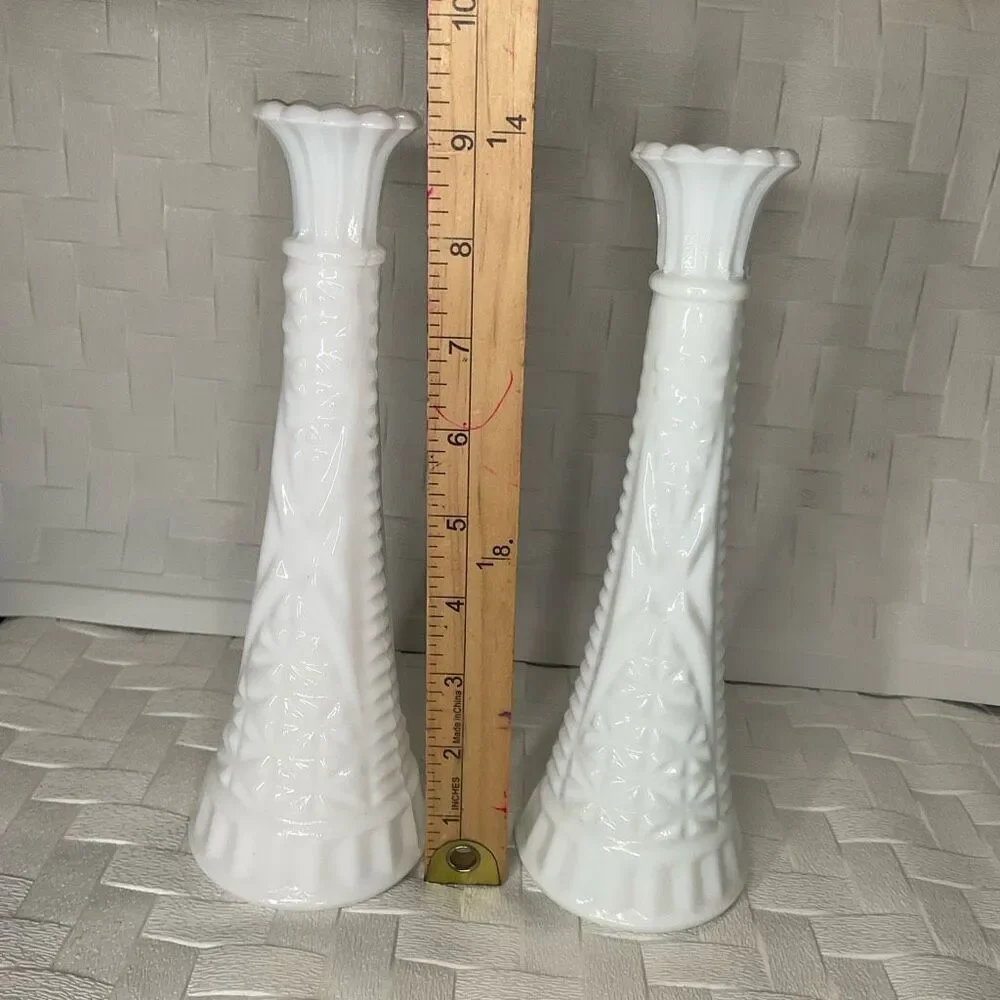 Vintage Set of 2 Two Vases Anchor Hocking Milk Glass Bud Vase -Stars and Bars 9”